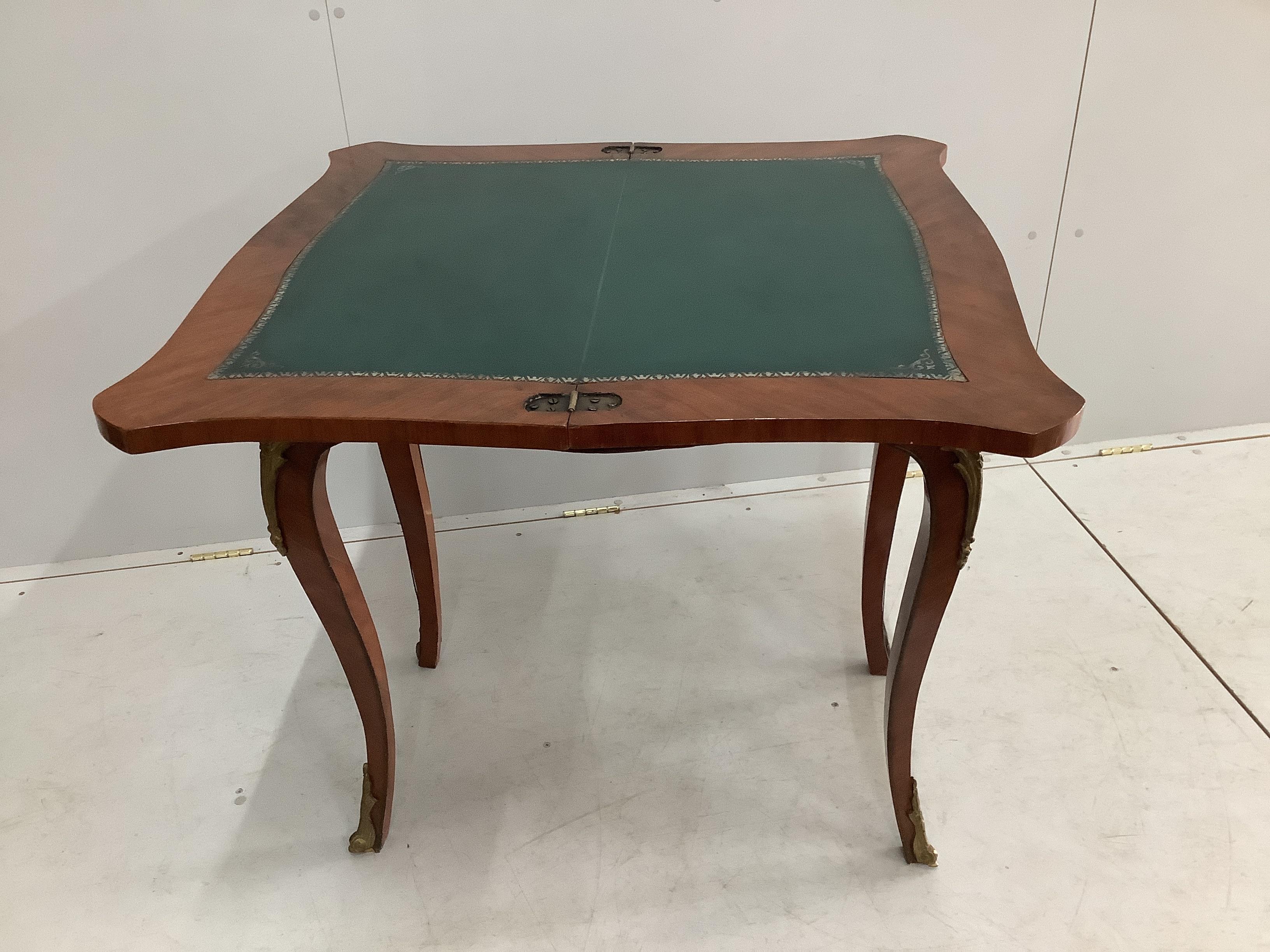 A French transitional style gilt metal mounted inlaid folding card table, width 80cm, depth 41cm, height 80cm